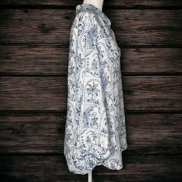C&C California 100% Linen Blouse 2X Blue White Tile Beach Coastal Key West Tunic - Picture 4 of 10